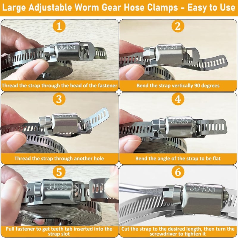 SmaringWing Hose Clamps Stainless Steel, Large Worm Gear Duct Pipe Hose Clamp Assortment Kit, Band Fittings Strap, 32.81FT Adjustable Metal Bolt with 20 Stronger Fasteners Screw for Plumbing Auto Tube Fuel Line - Image 2